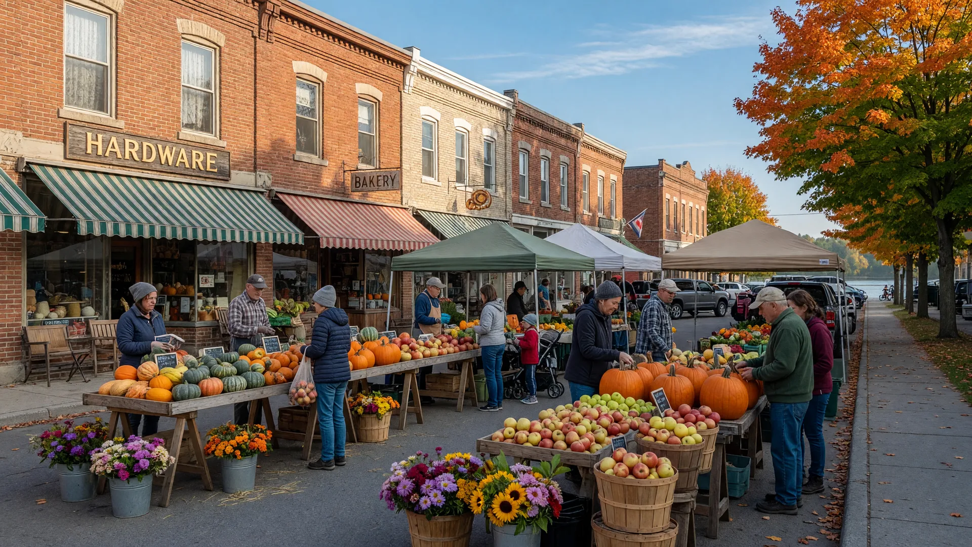 Crisp late-September Saturday morning on a small Ontario river town main street with farmers' market stalls and the first fall colour on the maples