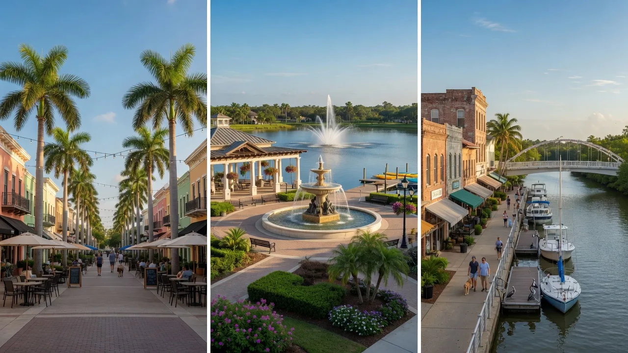 Three vibrant downtown districts at golden hour in Southwest Florida: a palm-lined historic Main Street, a modern lakefront town square with a fountain and pavilion, and a riverwalk promenade with a pedestrian bridge