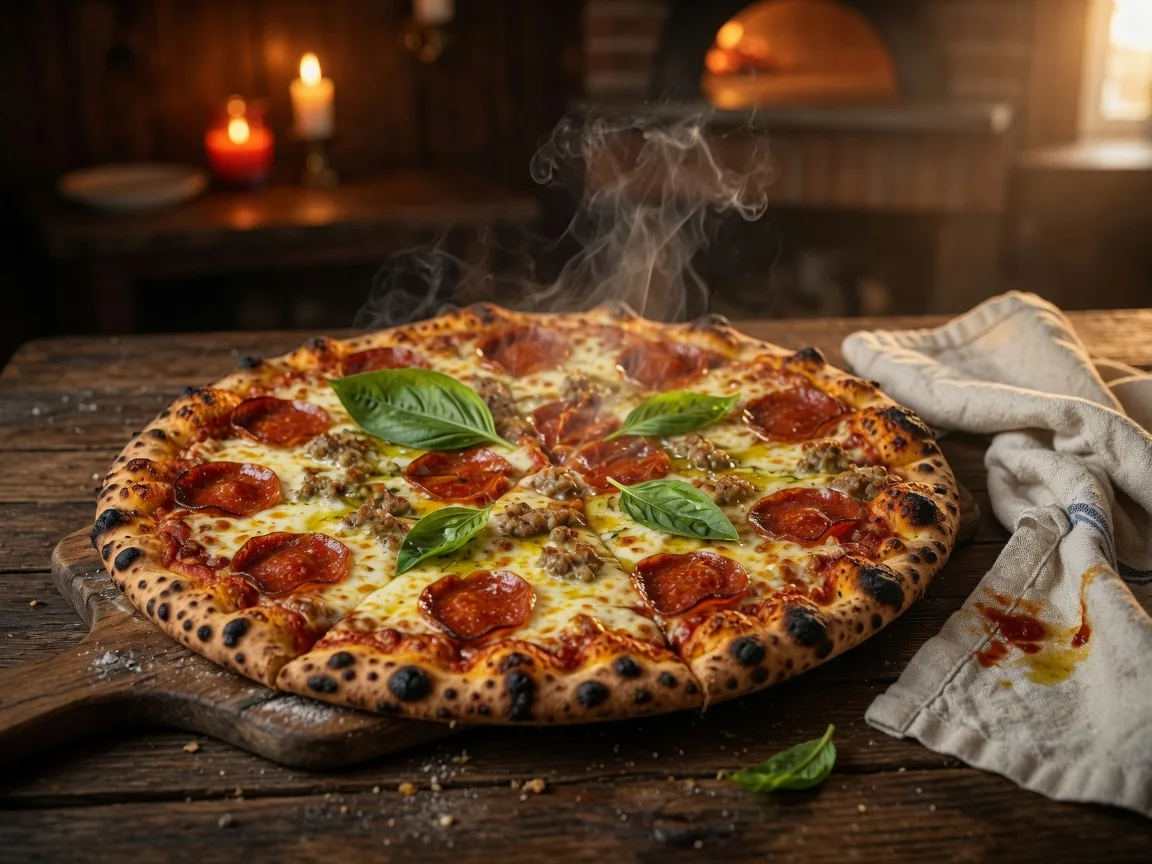 A pepperoni and sausage pizza with a blistered leopard-spotted crust fresh from the stone oven at Parma Tavern in Buford Georgia