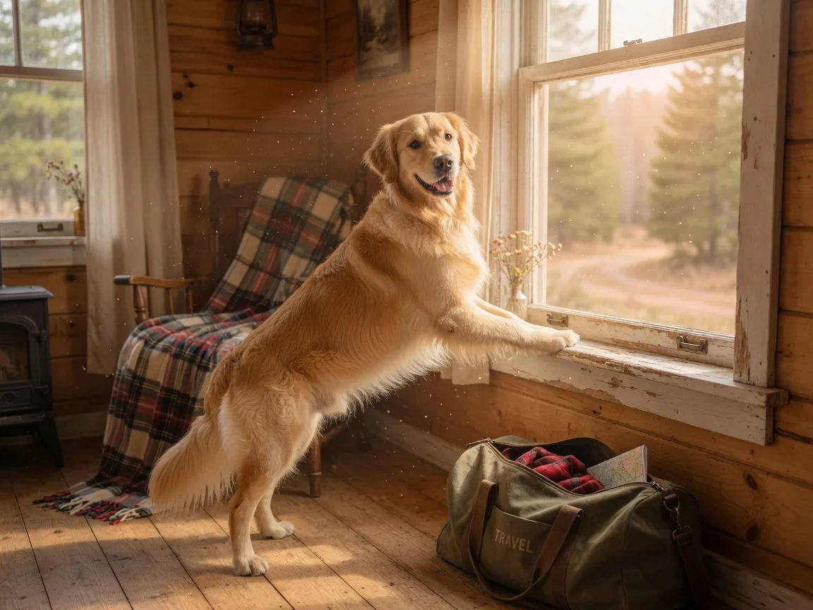 A dog peering out of a sunlit cabin window with a travel bag resting nearby, ready for a weekend getaway