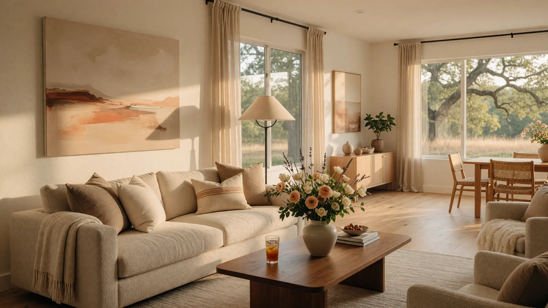 Bright and airy staged living room with neutral decor, hardwood floors, and natural light