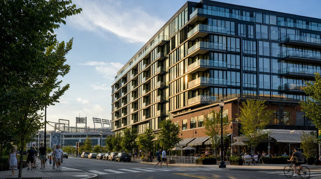 Modern glass high-rise condominium building in Washington DC's Navy Yard neighborhood on a late summer morning, with golden light on the curtain walls, tree-lined sidewalks, and the Nationals ballpark in the background