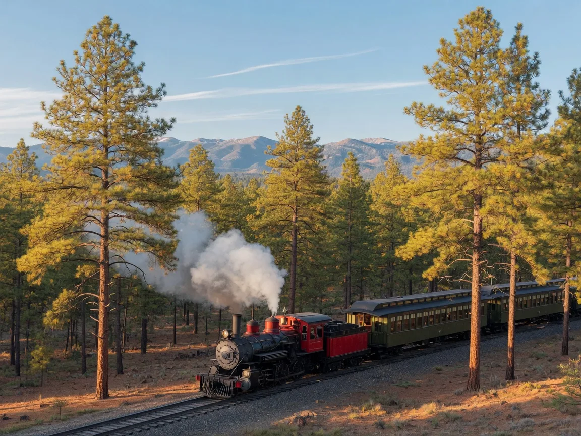 Historic passenger train rolling through ponderosa pines en route to the Grand Canyon