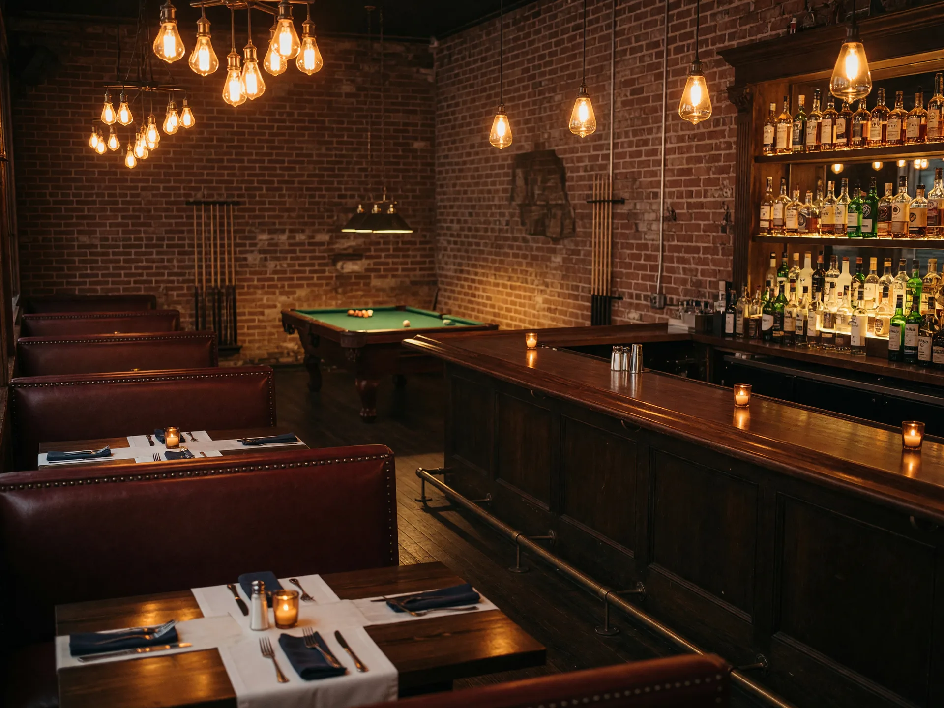 Warm vintage-inspired interior of Moonshiners Bar and Grill in Braselton Georgia with plush leather booths, a long polished wood bar, exposed brick walls, and Edison bulb lighting at dusk