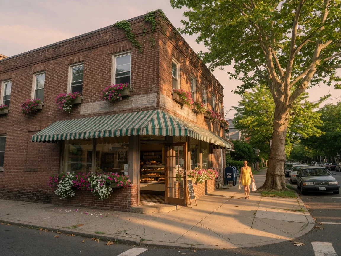 A historic corner bakery building with brick facade and awning in a residential Montclair NJ neighborhood on a warm summer afternoon
