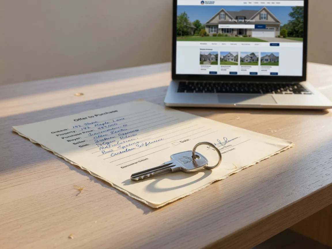 House key and real estate contract on a wooden desk with a laptop, representing the home buying closing process