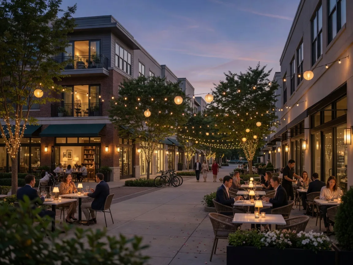 The upscale mixed-use district feel of modern Alpharetta at dusk, with restaurants and residences along a tree-lined street