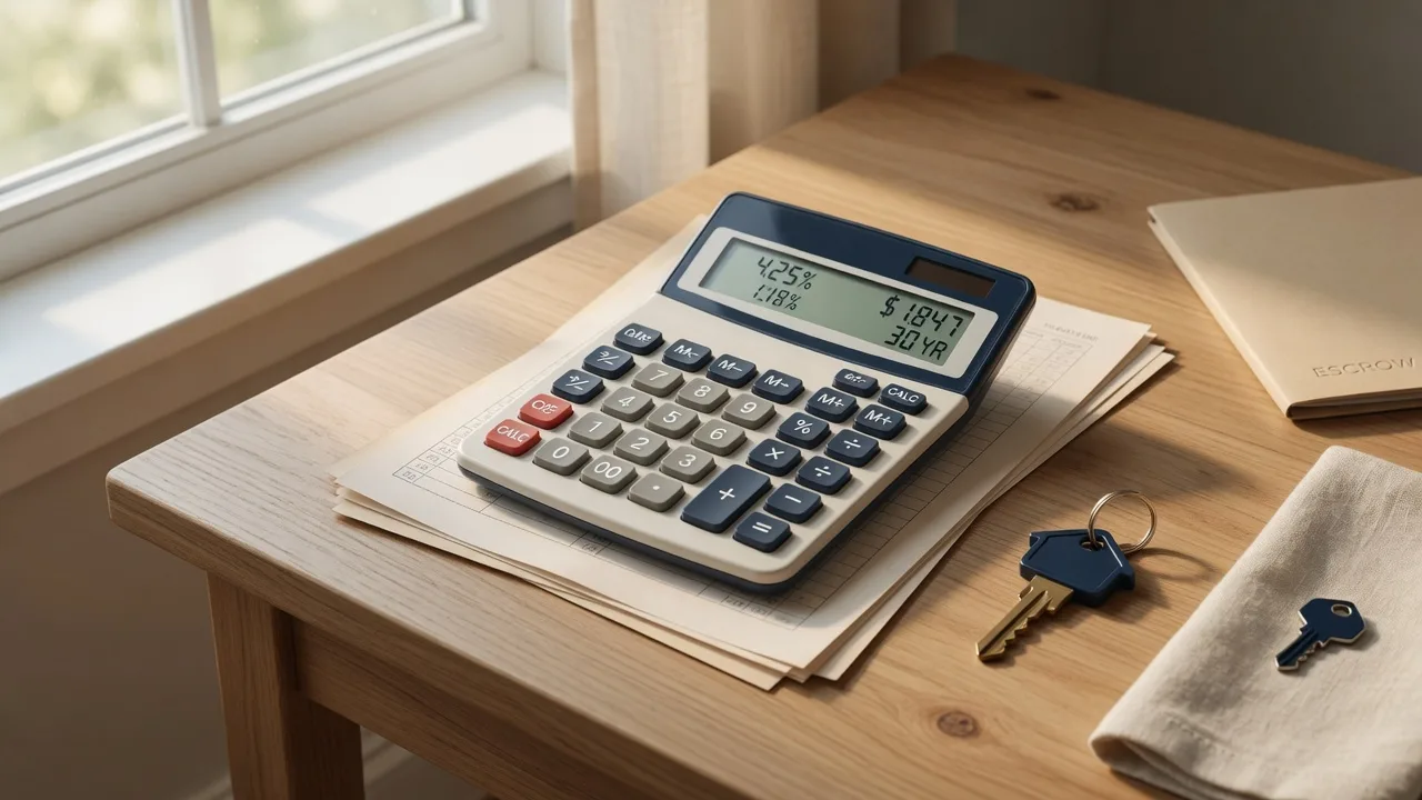Mortgage calculator and house key on a wooden desk