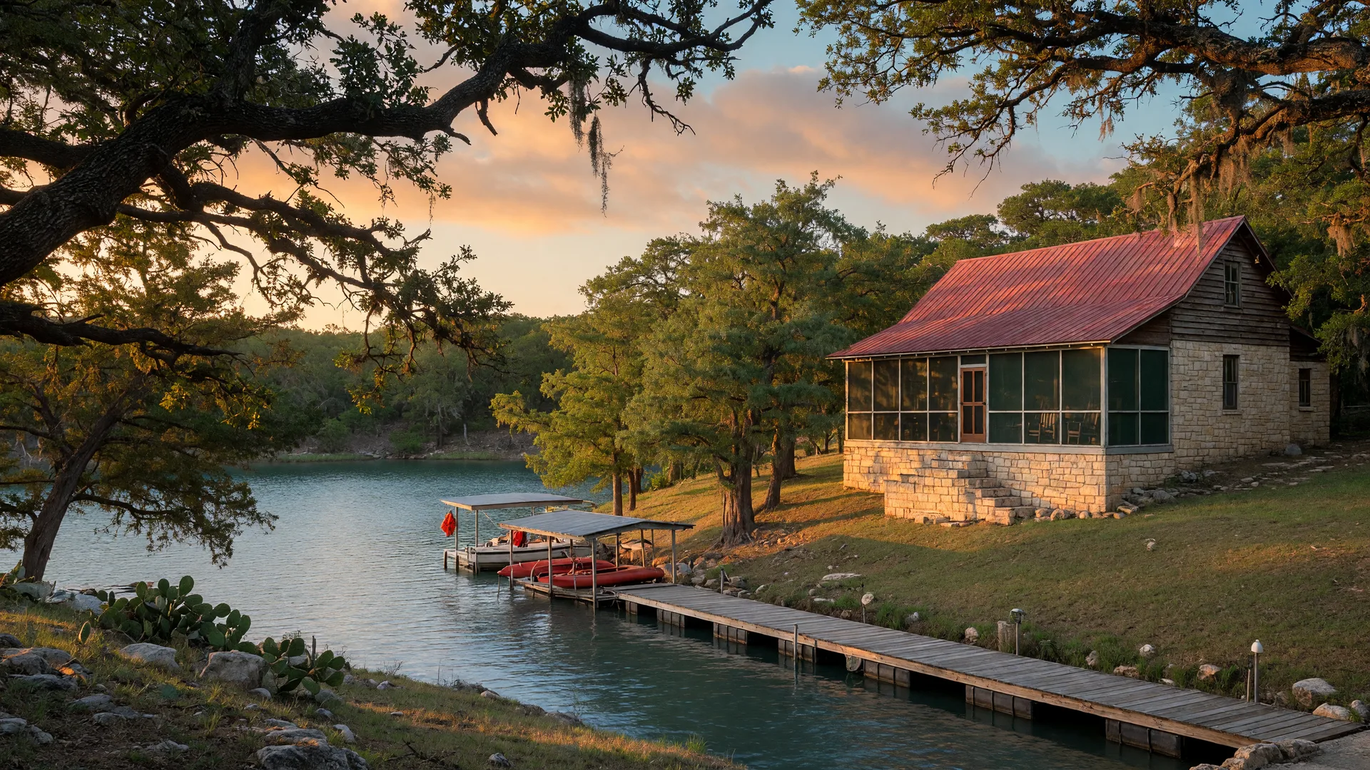 A limestone and wood-frame lake cottage on the shore of Canyon Lake, Texas, with a screened porch, metal roof, and wooden dock among live oaks at golden hour, served by a home inspector in Canyon Lake
