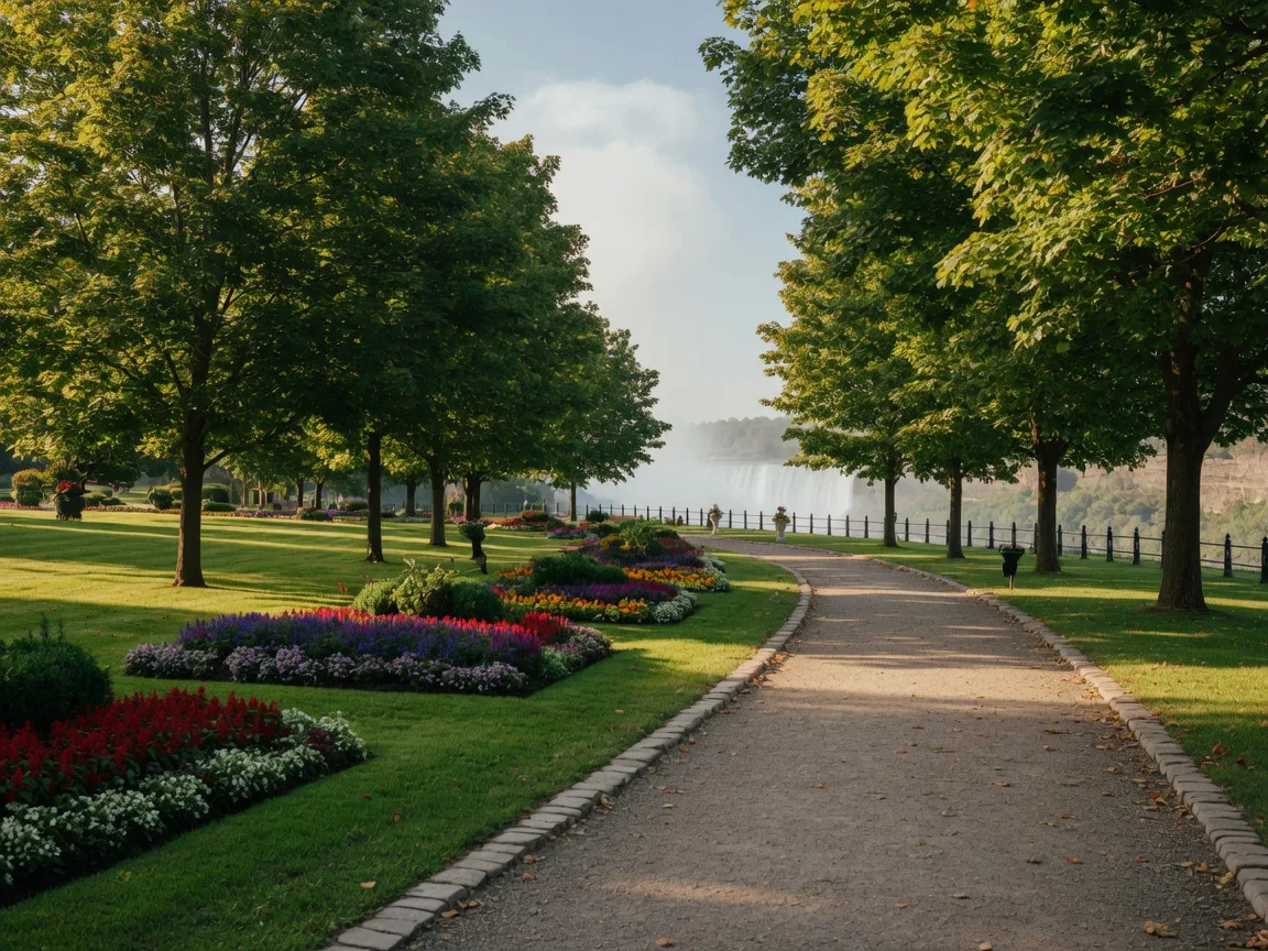 A tree-lined garden path in Queen Victoria Park near the Niagara River, with formal flower beds and a hint of falls mist in the distance