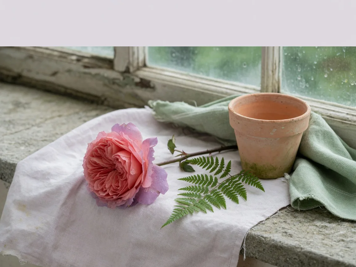 An heirloom rose stem and fern sprig on pale linen in soft conservatory light