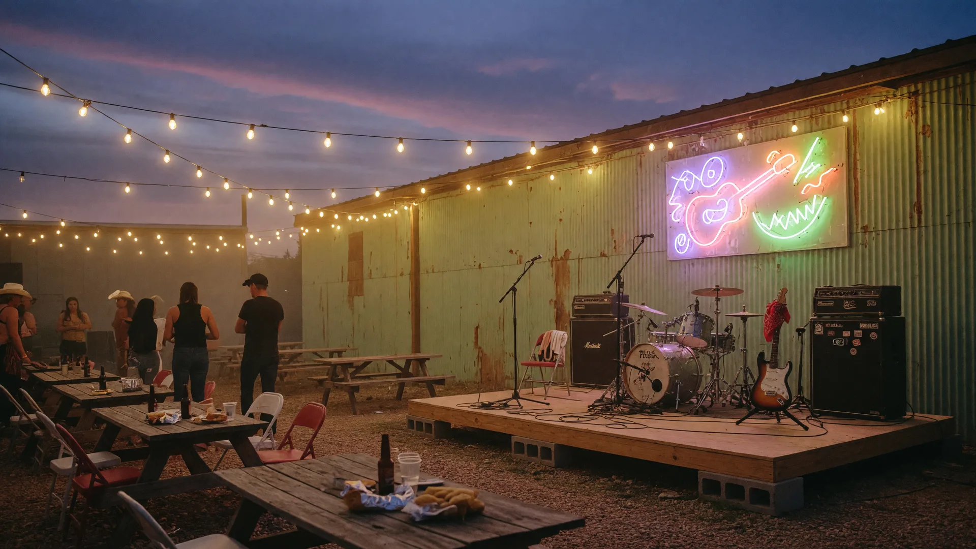 An East Texas icehouse music venue at dusk with a low wooden stage, string lights, a neon accent on a metal wall, and picnic tables in a gravel yard