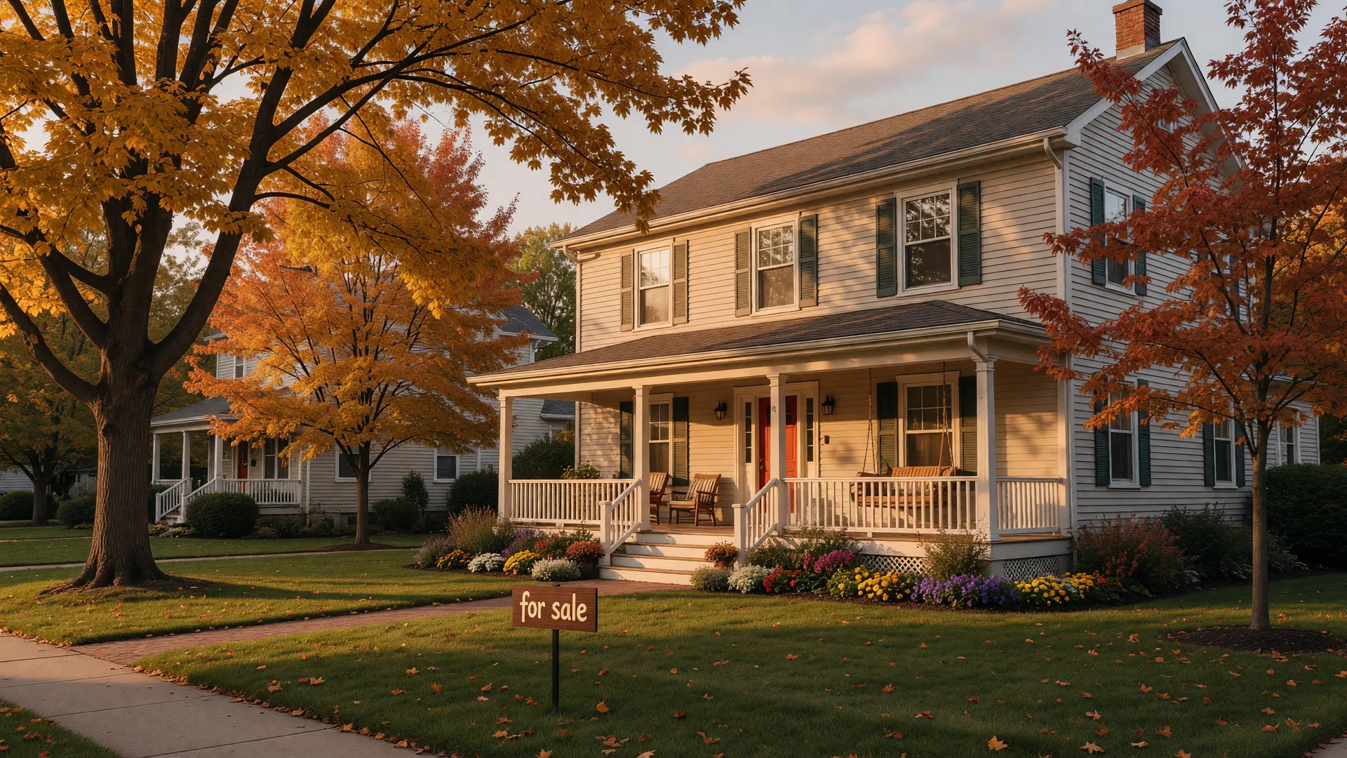 A warm Mid-Michigan home at golden hour with a covered front porch, mature maples, and a tidy lawn