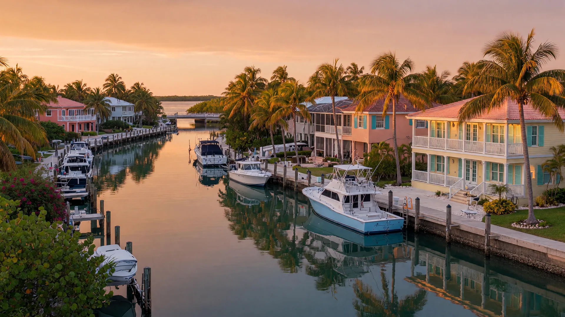 Luxury canal neighborhood in Marathon at golden hour with deep-water homes, boats at private docks, mature palm trees, and calm reflective water