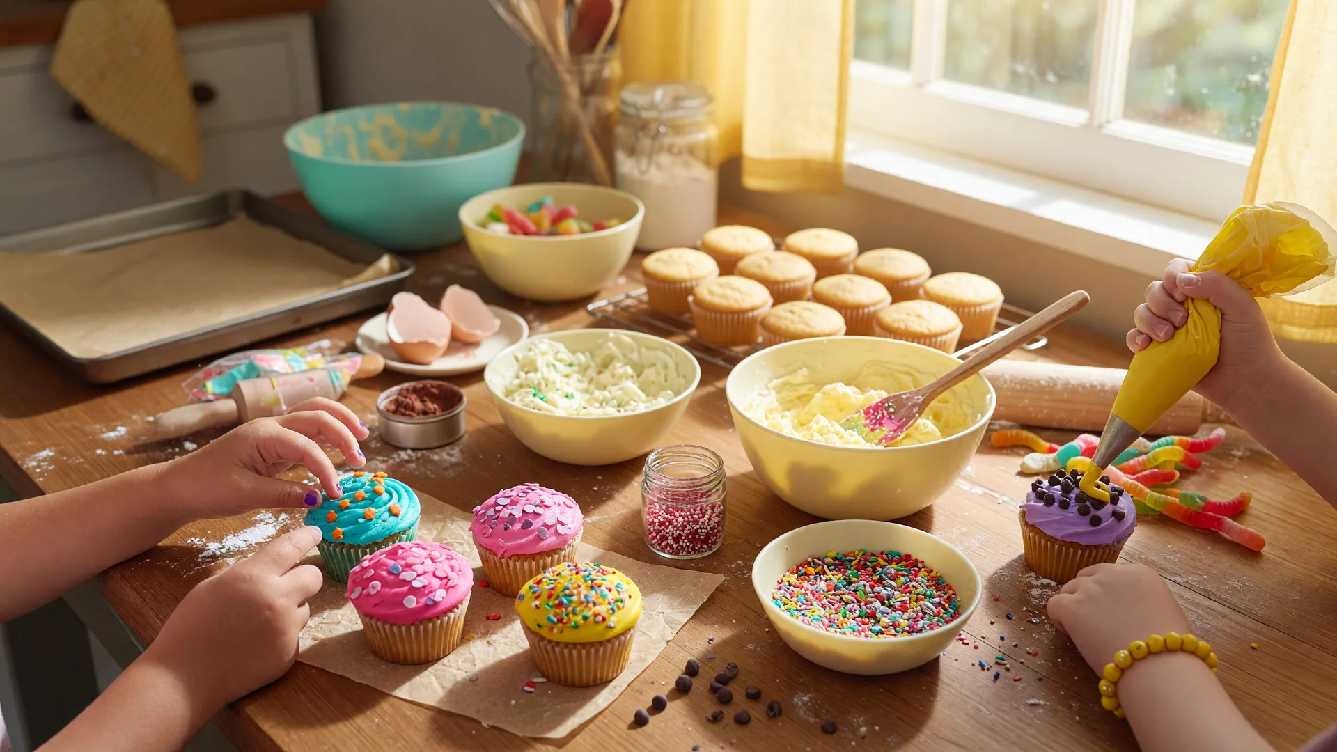 Children decorating colorful cupcakes at a sunlit kitchen table with frosting and sprinkles