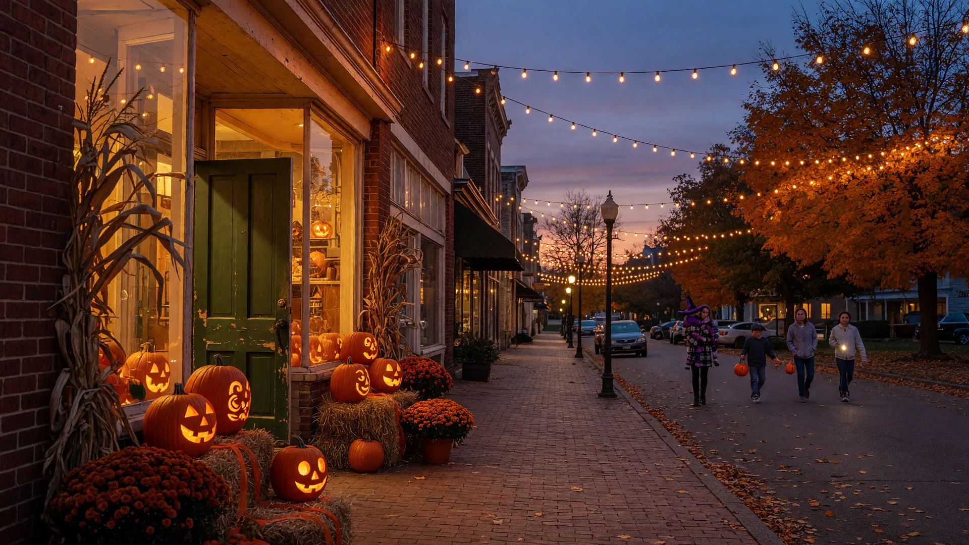 A small-town Ohio main street one week before Halloween at dusk with glowing jack-o'-lanterns and hay bales outside a brick storefront, autumn maples and oaks in orange and gold