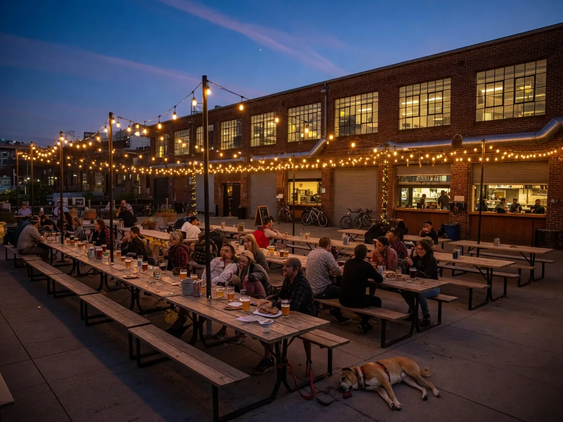 An evening view of a sprawling DC beer garden patio with warm string lights over communal wooden tables, an urban warehouse backdrop, and a relaxed dog-friendly atmosphere