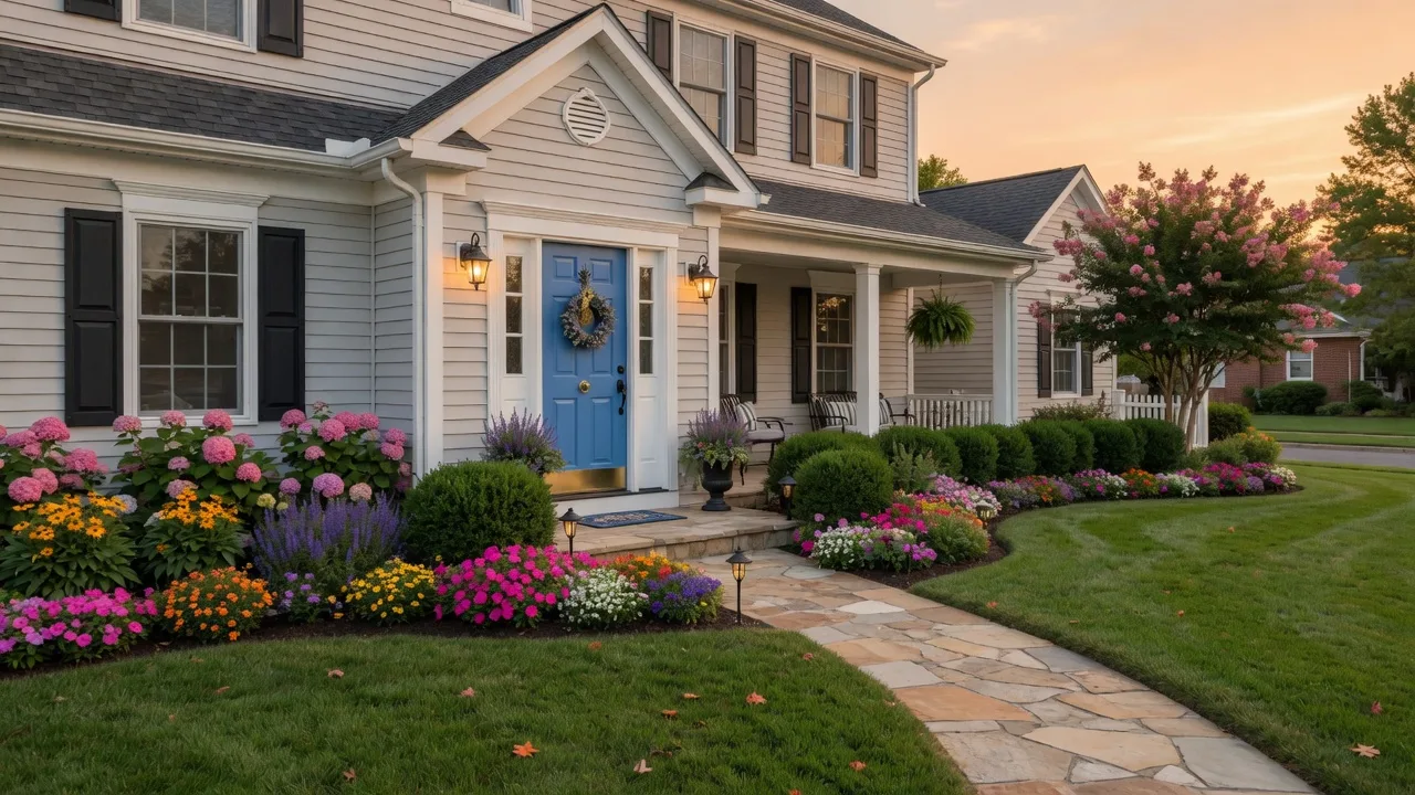 Charming South Jersey home exterior with blue front door, manicured lawn, and colorful flower beds at golden hour