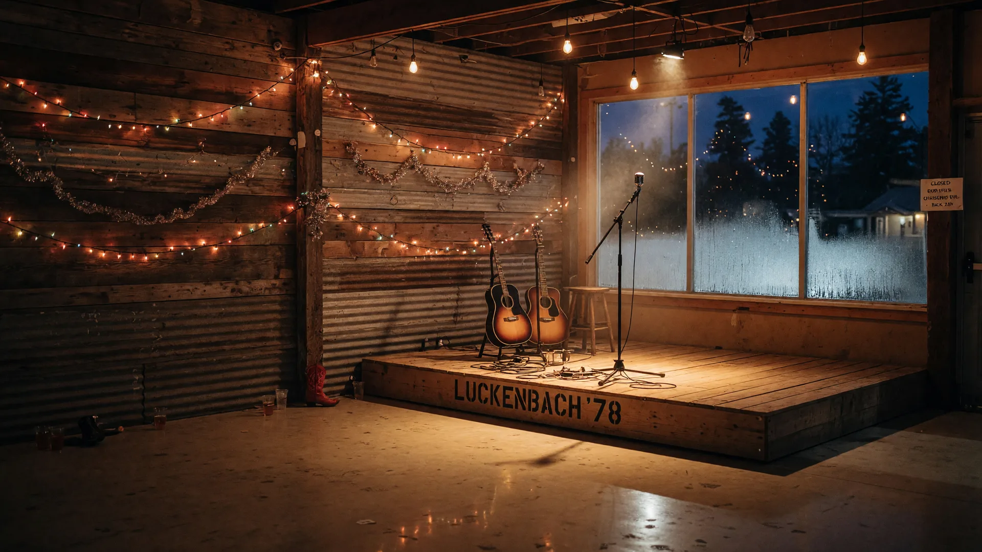 An intimate Texas country music venue on a chilly December evening, a small stage with guitars and a warm microphone under golden stage lights, festive string lights, and dark pines outside