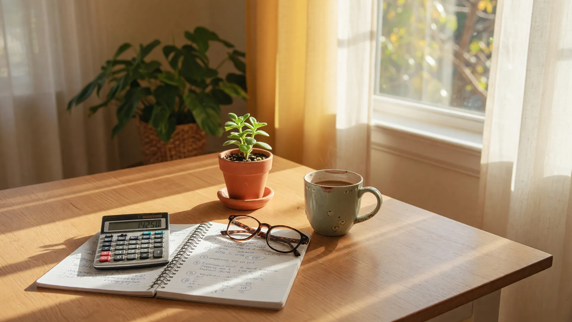 A sunlit living-room table with home-equity planning notes, a calculator, reading glasses, and a mug of coffee