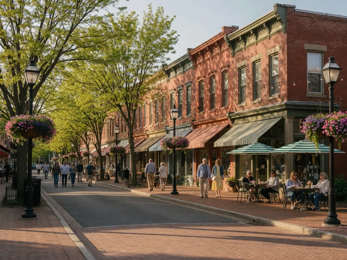 Historic downtown Manassas Virginia ÃÂ¢ÃÂÃÂ brick-paved Main Street with shops and outdoor dining