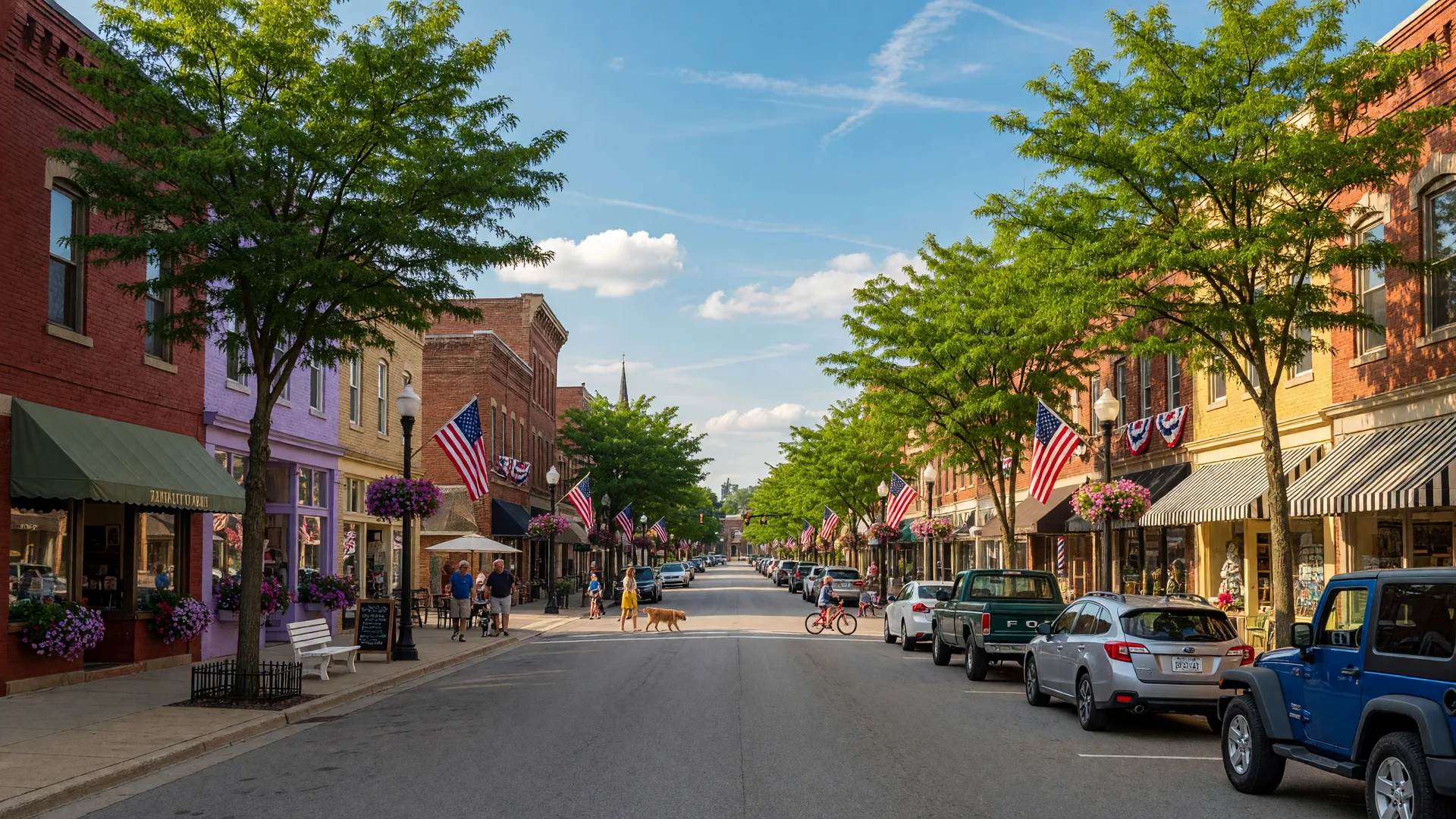Historic Main Street in downtown Tipp City, Ohio with local shops, American flags, and mature shade trees on a sunny summer afternoon