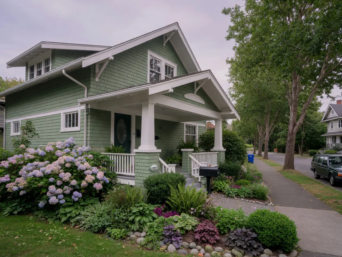 A heritage Craftsman character home in Victoria BC with sage green cedar shingle siding and a lush front garden