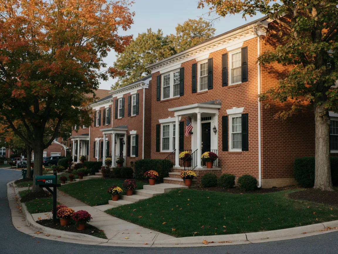 A well-maintained brick townhome with autumn mums in a quiet Northern Virginia community, the kind of turnkey home that draws multiple offers