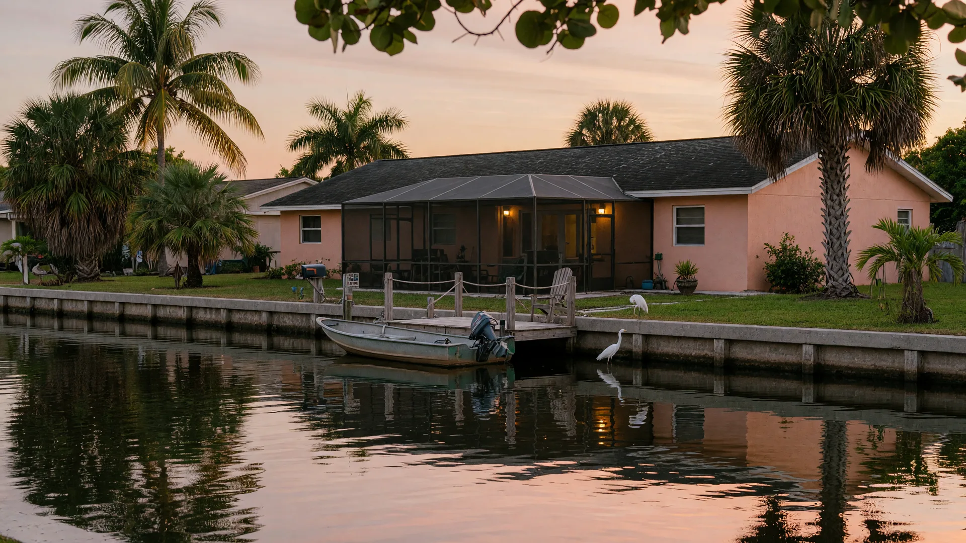 A quiet canal-front neighborhood in Port Charlotte, Florida at sunset, with a single-story home and screened lanai, a private dock with a small boat, palm trees, and still water reflecting pink and gold light