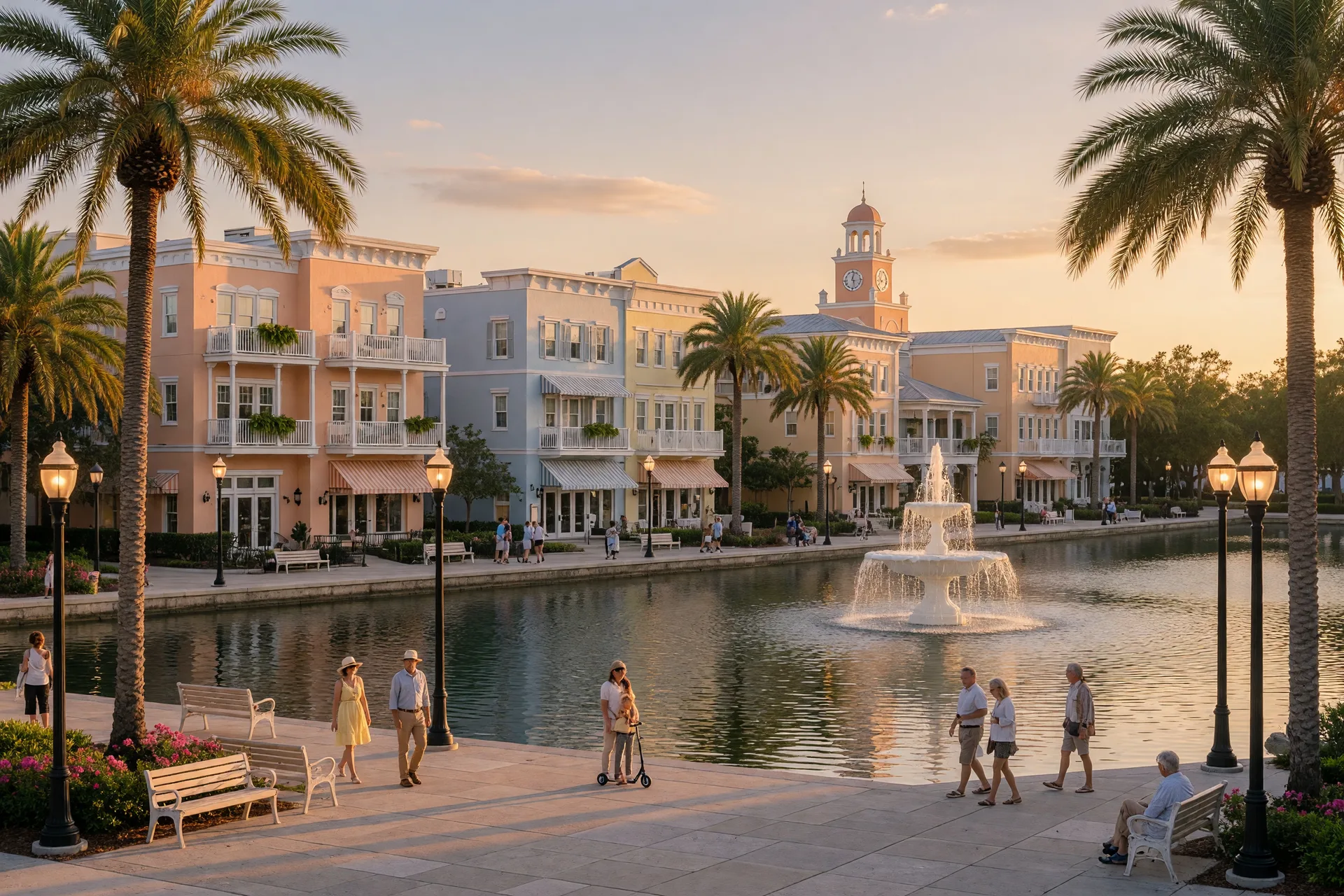 Downtown Celebration, Florida at golden hour with the lakeside boardwalk and clock tower