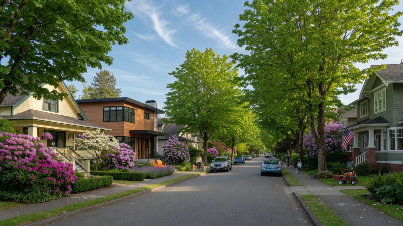 Beautiful Pacific Northwest neighborhood with mature trees and well-kept homes