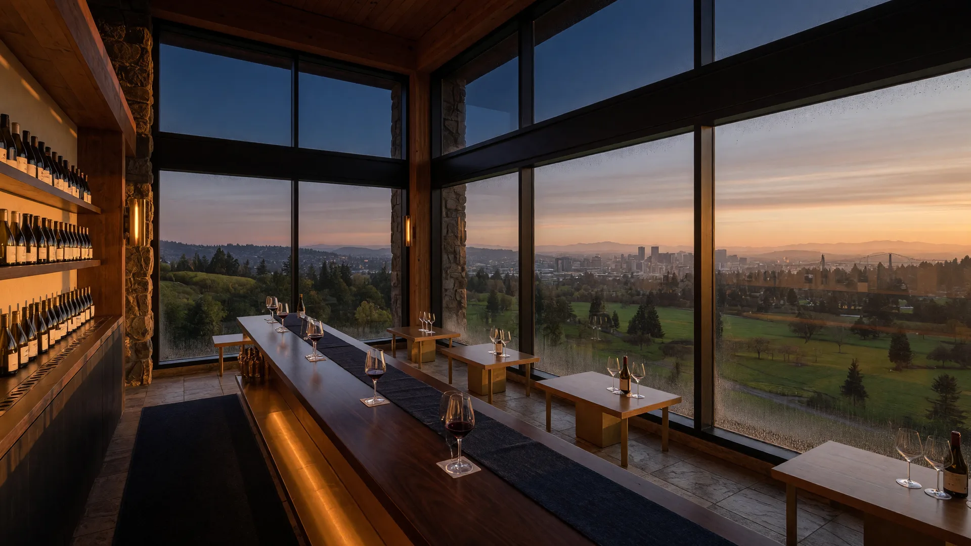 A modern winery tasting room with floor-to-ceiling windows overlooking a green valley at golden hour, warm light on the wood bar and stone interior