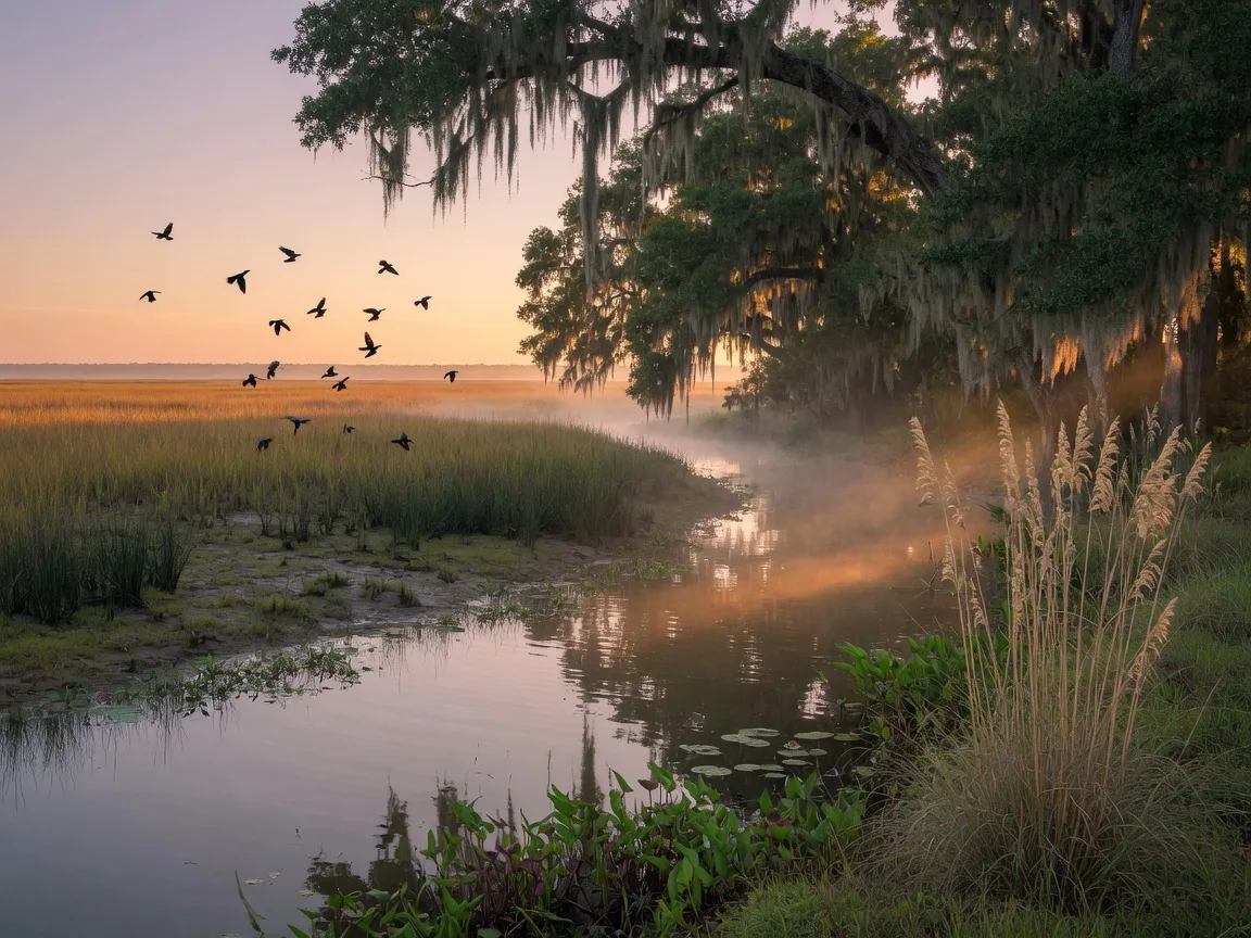 Mist rising off a Gulf Coast tidal creek at sunrise, with moss-draped live oaks along the bank and a small flock of songbirds taking flight over the marsh