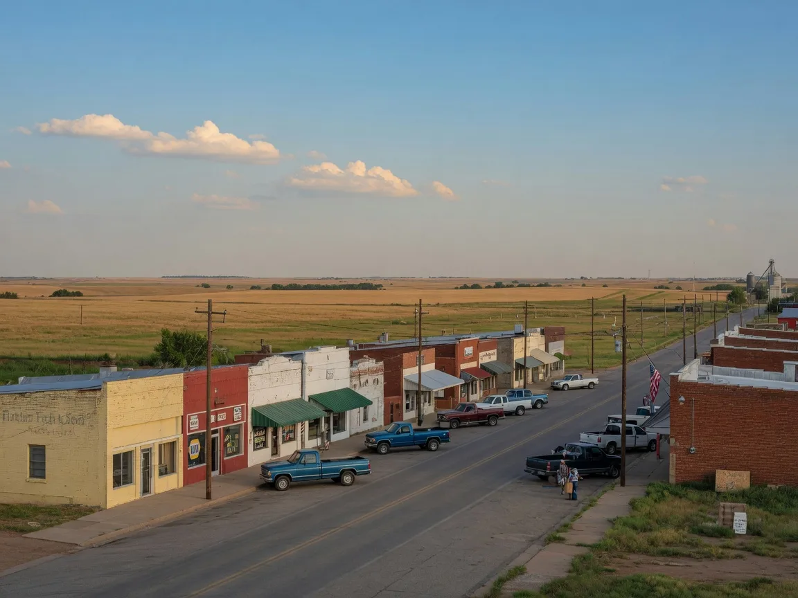 Small-town main street in Fletcher, Oklahoma with local businesses and open sky