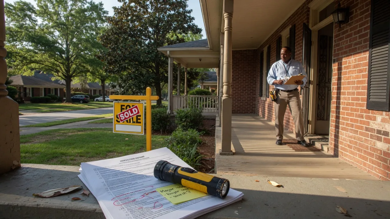 A home inspector holding a clipboard and flashlight at the front door of a classic brick Atlanta home with a For Sale sign, representing the inspections behind deal-breakers
