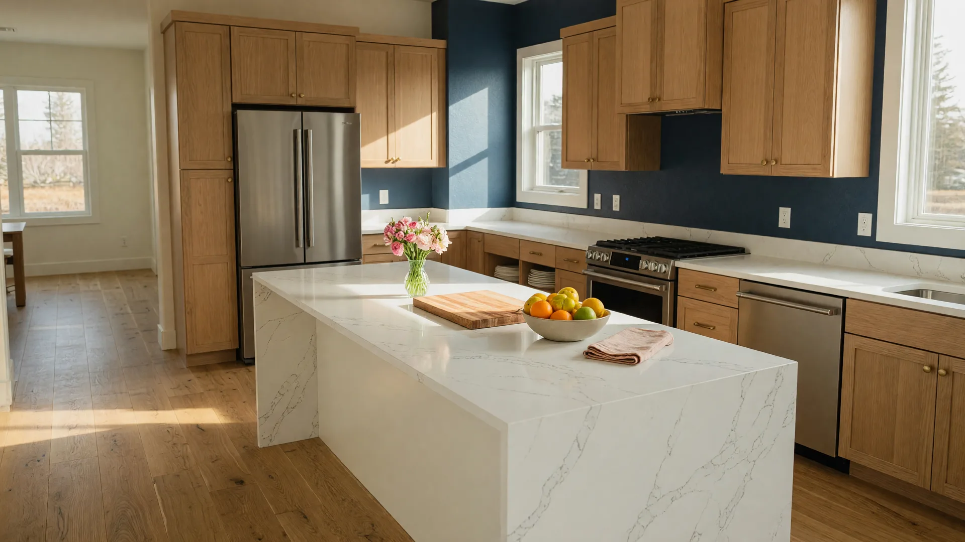 A bright brand-new Idaho kitchen with stainless Whirlpool appliances, light oak cabinetry and warm morning light