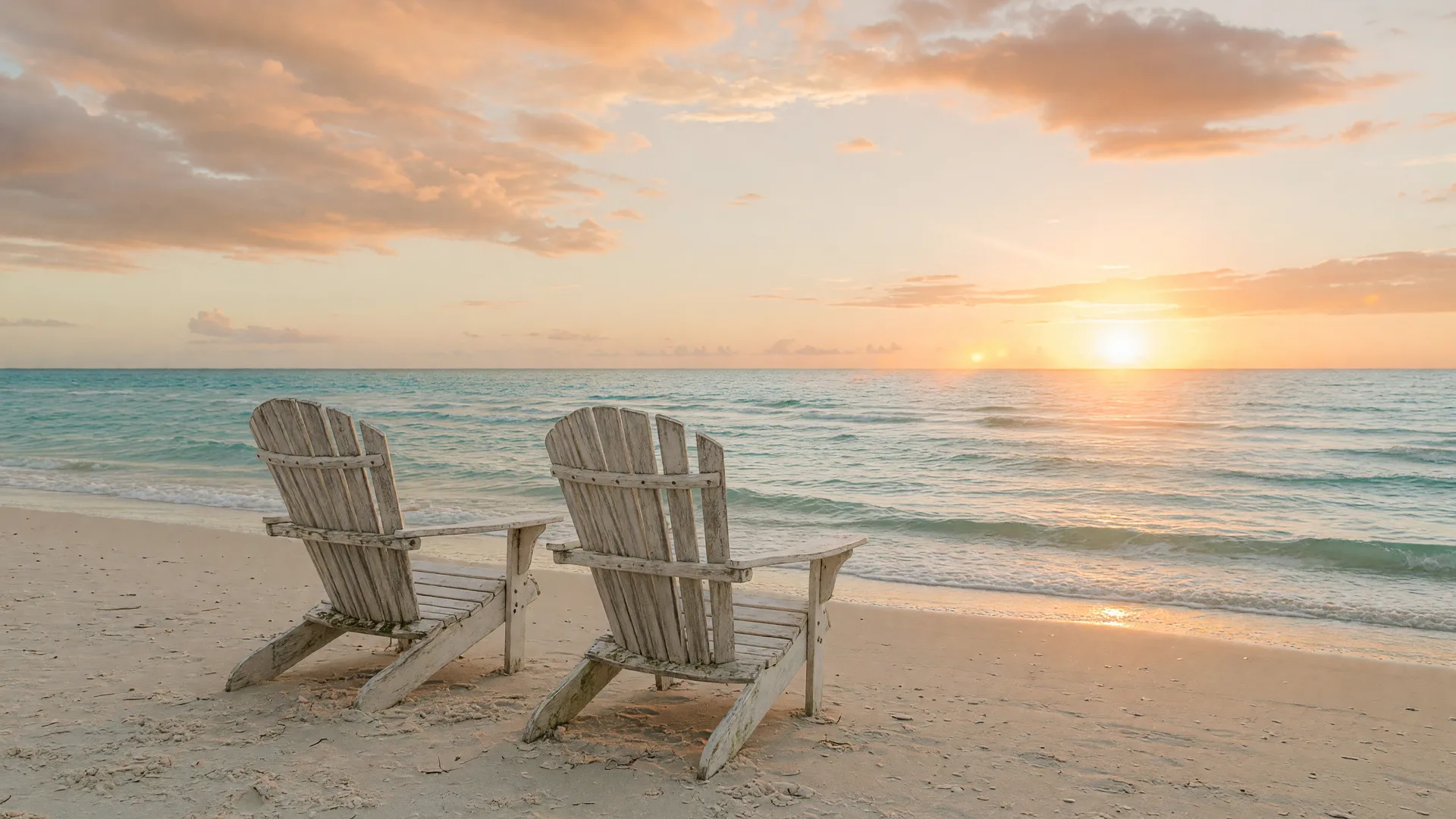 Two weathered white Adirondack chairs side by side on a quiet Gulf Coast beach at golden hour, facing calm turquoise water with warm sun flare, evoking gratitude and cheer