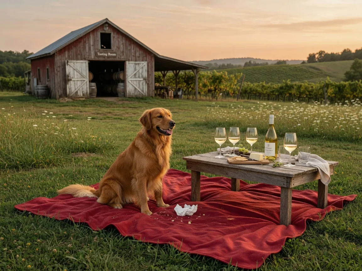 A happy golden retriever sitting on a red picnic blanket in a sunny Virginia vineyard meadow beside a wooden tasting table with wine glasses, a rustic barn and rolling hills in the background