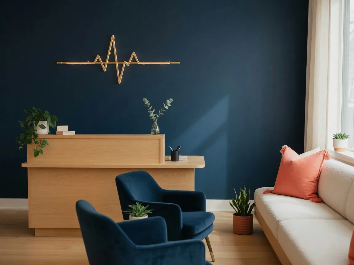 The warm, modern reception lounge at Thrive EECP in Draper, Utah