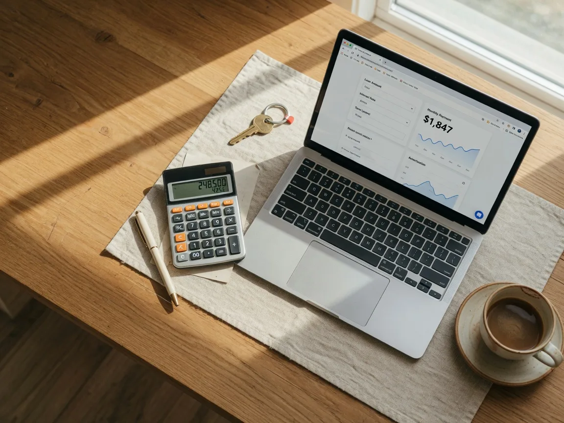 Calculator, pen, house key, and laptop on a warm wooden desk representing home financing and down payment planning