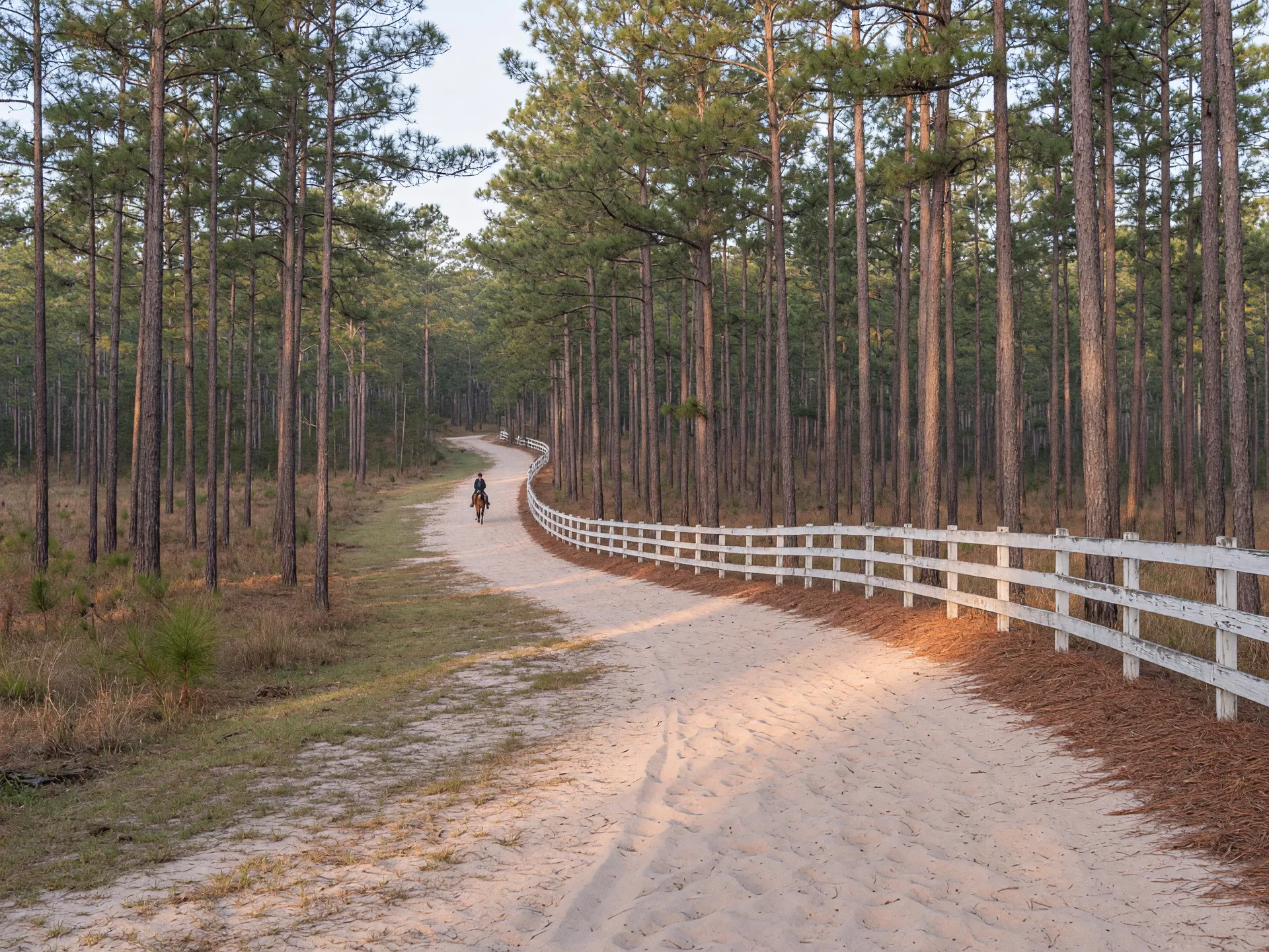 A sandy riding trail winding through tall longleaf pines with a white wood fence along one edge, dappled morning light, and a distant rider where the trail bends