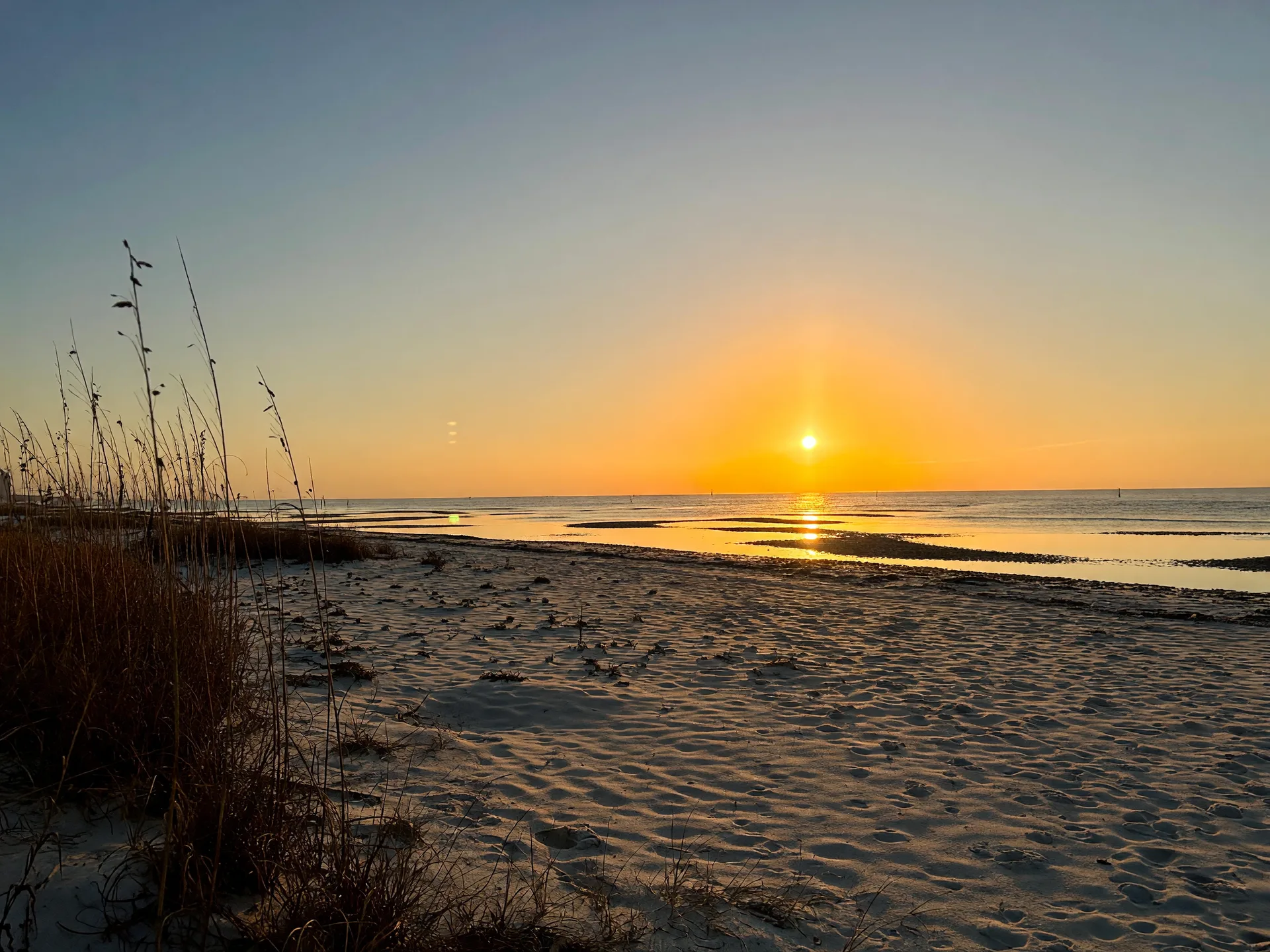 Golden sunrise reflecting on the beach and sand dunes along the Mississippi Gulf Coast