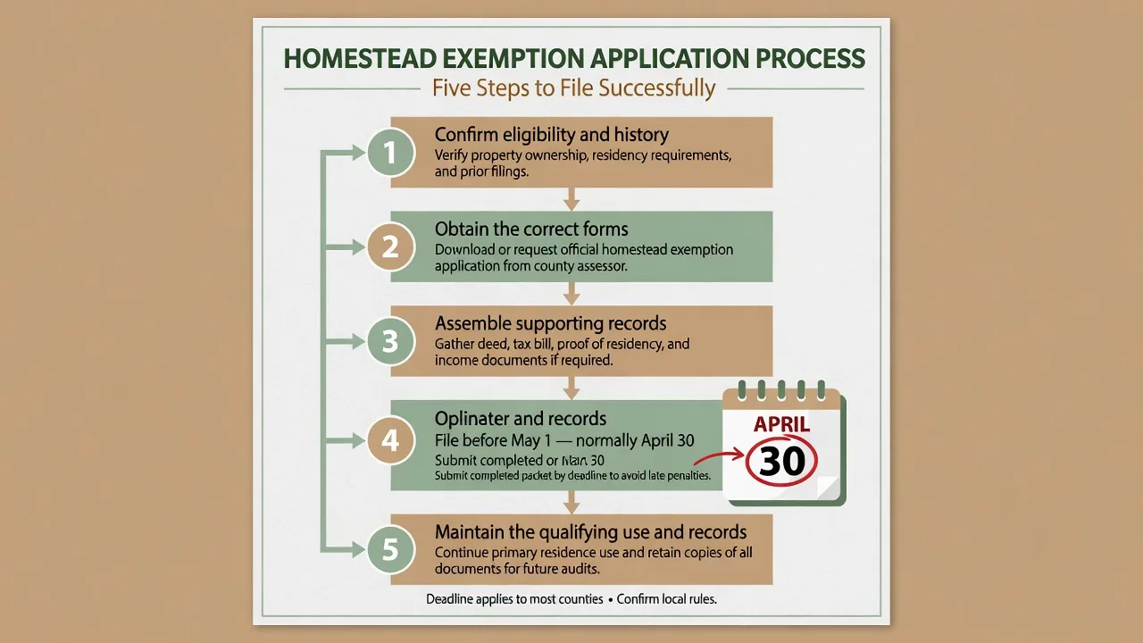 Five-step 1-d-1 application process: confirm eligibility, obtain forms, assemble records, file by the normal April 30 deadline and maintain the qualifying use.