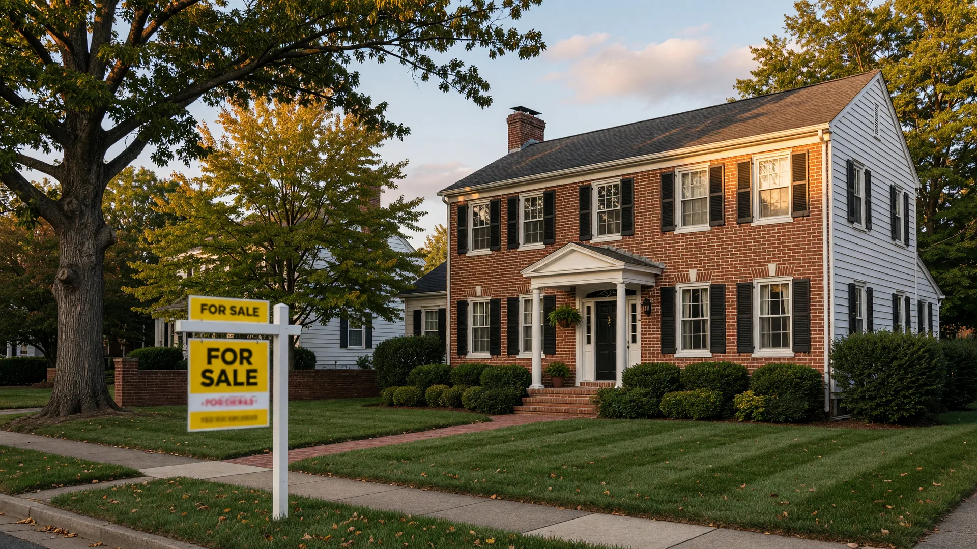 A well-kept Fredericksburg VA home with a SOLD sign in the front yard at golden hour