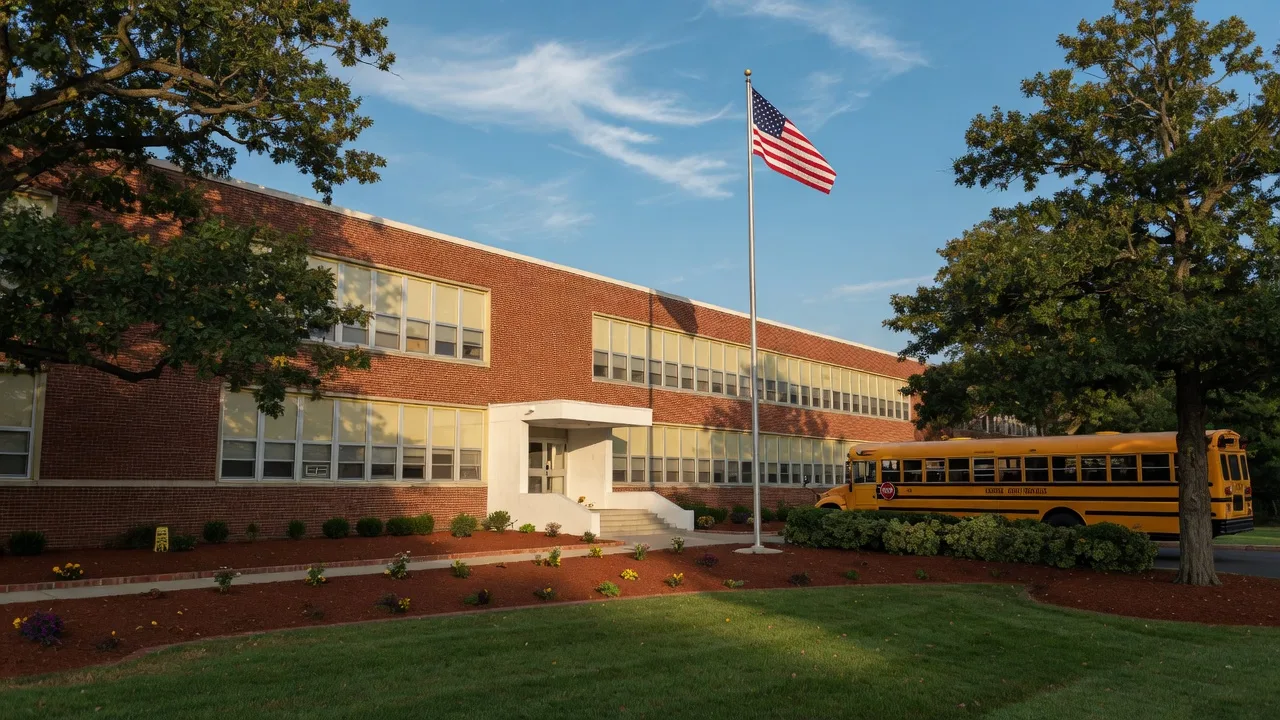 Cherry Hill elementary school with a yellow school bus on a September morning