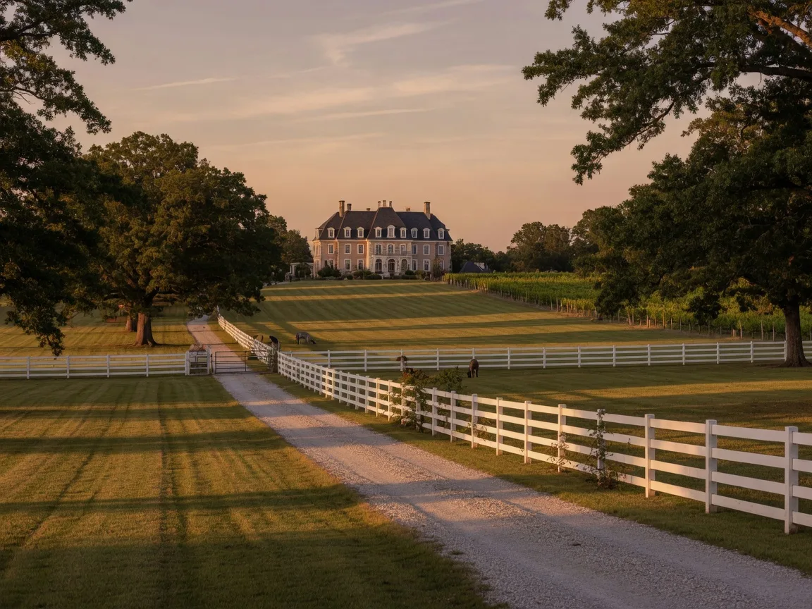 White plank fencing along a gravel lane leading to a chateau-style manor with vineyard rows near Braselton, Georgia at late afternoon