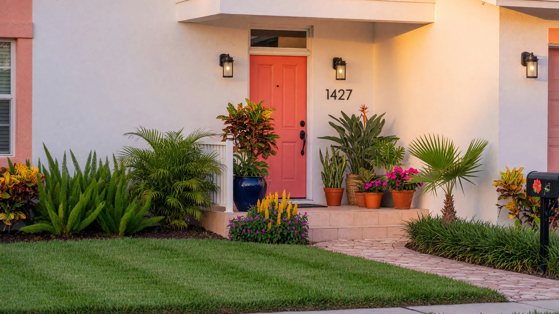 Welcoming South Florida home entrance with tropical landscaping and painted front door
