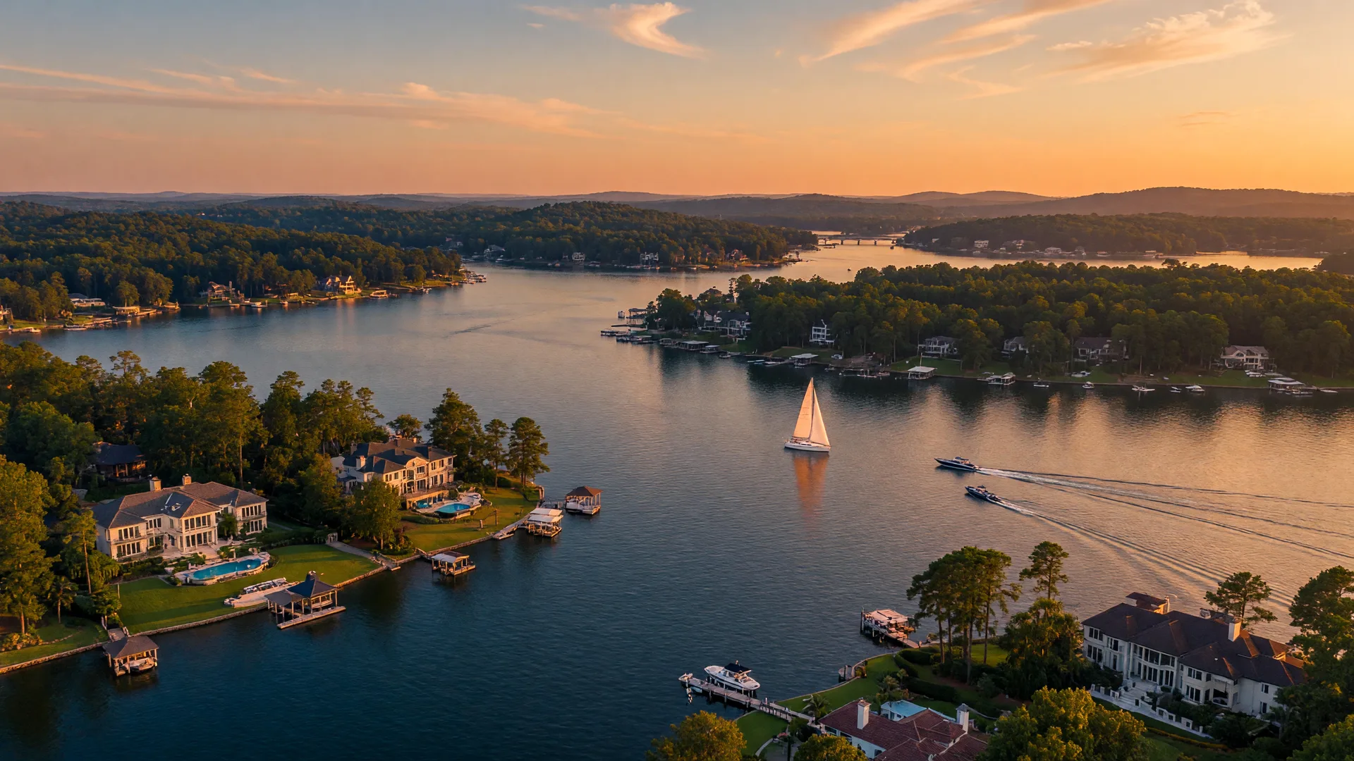Lake Norman waterfront at golden hour with luxury estates