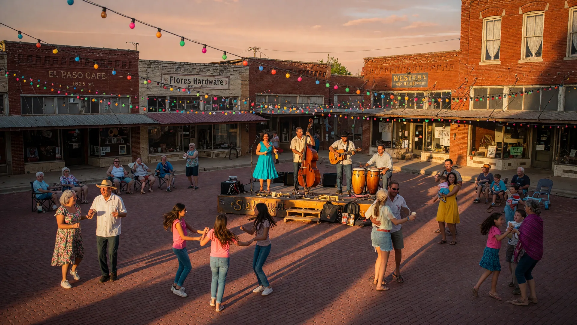 A small-town Texas square at golden hour with string lights, a stage with Latin musicians, and people dancing on brick pavement