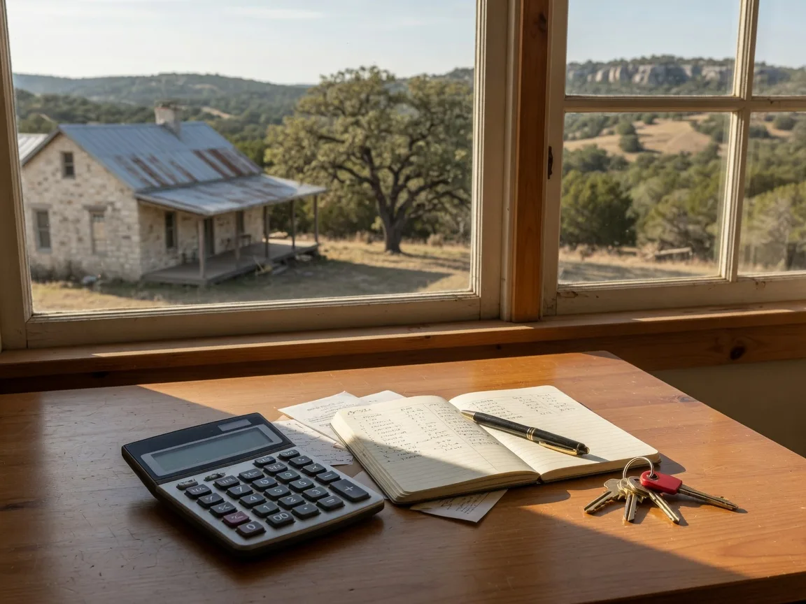 Financial planning tools with a Hill Country home, representing the cost-comparison analysis for buyers